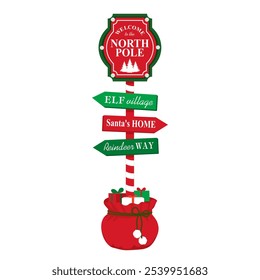 North Pole road sign with arrows in gift bag. Christmas sign with arrows, Santa's house, elf village, reindeer way. Illustrated vector clipart.