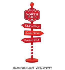 The North Pole road sign with arrows. Christmas direction sign with arrows - Santa's house, candy Lane, Reindeer road. Illustrated vector clipart.