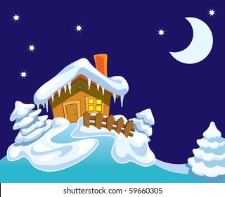 North Pole, Santa Claus house and winter background with night, stars and moon.