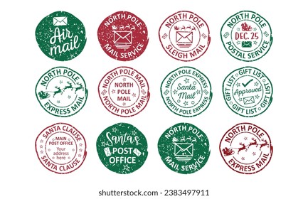 North pole Santa rubber stamp badge, seal, label, postmark designs collection on white background