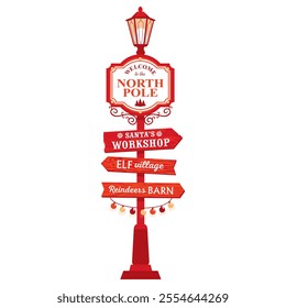 The North Pole sign on the lamppost. Christmas road sign with arrows Santa's workshop, reindeer way, gingerbread, elf village and more. Illustrated vector clipart.