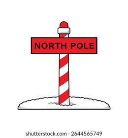 um sinal de polo norte com listras vermelhas e neve