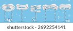 North pole sign set with snowy boards on candy cane posts - Christmas messages, Santa directions and holiday greetings with string lights, gifts and winter decorations. Blue bg with falling snowflakes