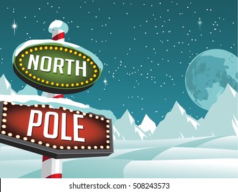 North Pole sign in a snowy Christmas scene. EPS 10 vector.