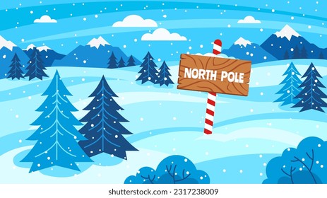 North Pole sign. Snowy forest woods landscape with location pointer, cartoon winter background for festive Christmas vector illustration. Mountains with snow caps, striped signpost