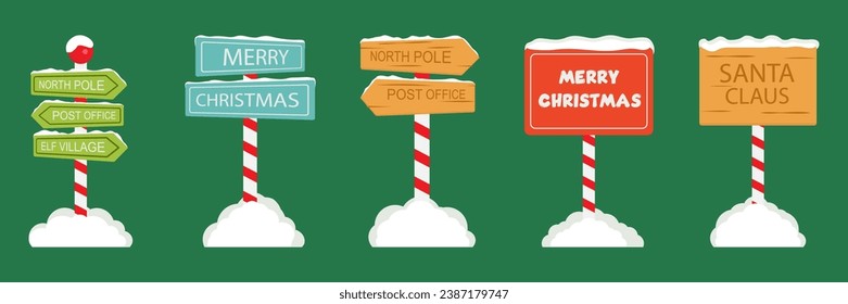 North Pole Signboards and Christmas Wooden Street Signs set in Snow, Winter Pointers with Garlands, Snow, and Striped Poles. Winter Holiday, Xmas Banners. Cartoon Vector Illustration