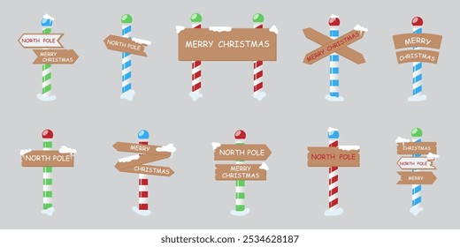 North pole signs board. Christmas wood signpost