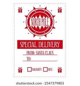 North pole special delivery. Christmas personalized gift box design. Holiday template for Xmas handmade gifts. Vector illustration