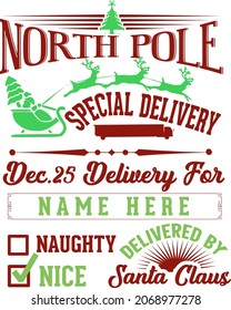 North pole special delivery vector. Santa sack Christmas design