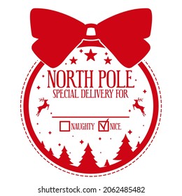 North pole special delivery.Christmas design for a personalized gift bag from Santa Claus. Beautiful template for xmas handmade gifts in shape of the glass ball.Vector illustration on white background