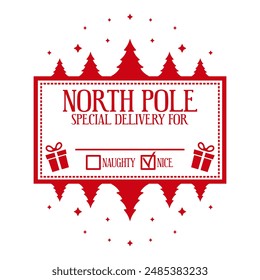 North pole special delivery.Post stamp design. Template for personalized Xmas handmade gifts. Vector illustration.