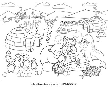 North Pole vector illustration. Coloring book educational game for kids educational game. Arctic animals