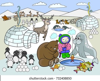 North Pole vector illustration. Educational game for kids educational game. Arctic animals