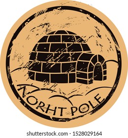 North Pole vector round shabby emblem design with igloo in old retro style. Ice house igloo sign round seal imitation. House from ice blocks logo on craft paper background. Vintage grunge icon stamp.