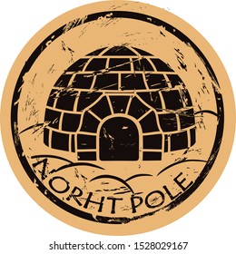 North Pole vector round shabby emblem design with igloo in old retro style. Ice house igloo sign round seal imitation. House from ice blocks logo on craft paper background. Vintage grunge icon stamp.