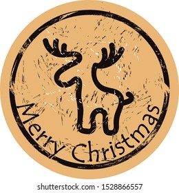 North Pole vector round shabby emblem design with deer silhouette, old retro style. Mail stamp isolated. Round seal imitation. Reindeer logo on craft paper background. Vintage grunge icon stamp.