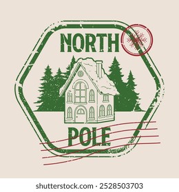 Adesivo vintage polo norte colorido com casa de Papai Noel na Lapônia e floresta simbolizando Natal feriados vetor ilustração