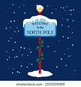 North Pole welcome road sign with snow and icicles. Holiday vector illustration.