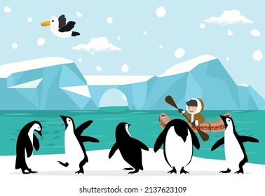 north pole with wild animals and eskimo