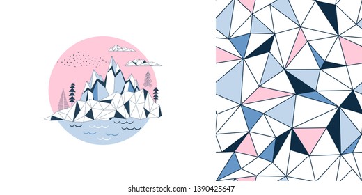 North Pole wildlife childish fashion textile graphics set with t-shirt print and accompanied tileable background. Water and mountains nordic view vector circle illustration. Polygonal linear