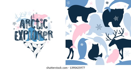 North Pole wildlife childish fashion textile graphics set with t-shirt print and accompanied tileable background. Arctic Explorer typographic print with polar animals and iceberg silhuette