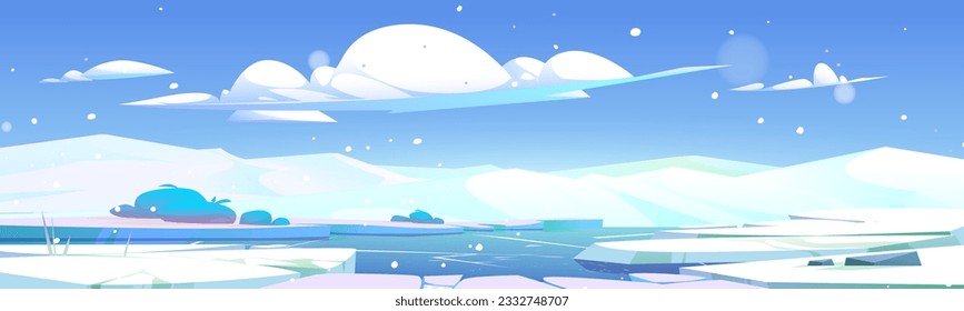 North Pole winter glacier cartoon landscape vector. Ice and snow antarctica land with broken and crack hole on ground surface. Freeze sea or river wild snowy canada scenery illustration design