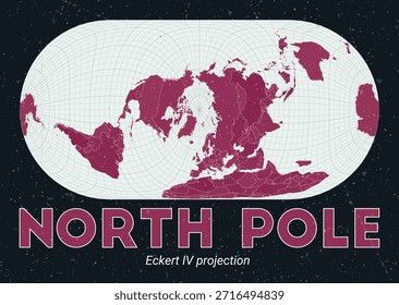 Polo Norte. Mapa mundial. Proyección de Eckert IV centrada en el Polo Norte. Pale Mint Dark Pink. Textura de Antiguas. Ilustración vectorial Auténtica.