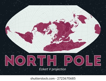 Nordpol. Weltkarte. Eckert V Projektion zentriert zum Nordpol. Pale Mint Dunkelrosa Palette. Vintage-Textur. Kreative Vektorgrafik.