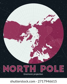 Polo Norte. Mapa mundial. Proyección gnomónica centrada en el Polo Norte. Pale Mint Dark Pink. Textura de Antiguas. Ilustración vectorial viva.