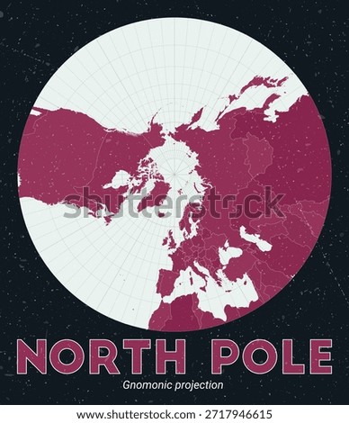 North Pole. World map. Gnomonic projection centered to North Pole. Pale Mint Dark Pink palette. Vintage texture. Alive vector illustration.