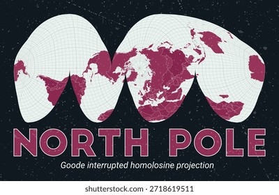Polo Norte. Mapa mundial. Goode interrumpió la proyección de homolosina centrada en el Polo Norte. Pale Mint Dark Pink. Textura de Antiguas. Ilustración vectorial creativa.