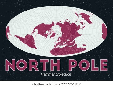 Nordpol. Weltkarte. Hammerprojektion zentriert zum Nordpol Pale Mint Dunkelrosa Palette. Vintage-Textur. Schöne Vektorgrafik.