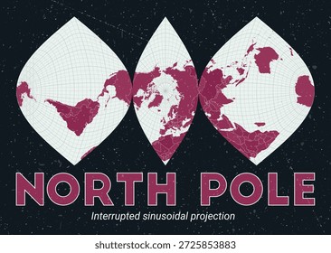 Nordpol. Weltkarte. Unterbrochene sinusförmige Projektion zentriert zum Nordpol. Pale Mint Dunkelrosa Palette. Vintage-Textur. Ansprechende Vektorgrafik.