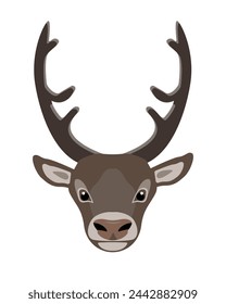 North Reindeer head. Horned deer face isolated on white background. Wild forest animal with big horns in north cold climate. Flat vector illustration.