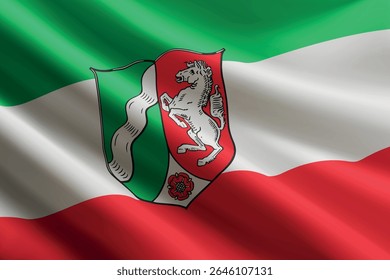Bandeira da Renânia do Norte-Vestefália balançando ao vento, textura de seda detalhada e realista. Estado da Alemanha