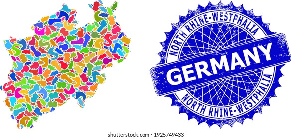 North Rhine-Westphalia Land map flat illustration. Spot pattern map and unclean stamp for North Rhine-Westphalia Land. Sharp rosette blue stamp seal with caption for North Rhine-Westphalia Land map.