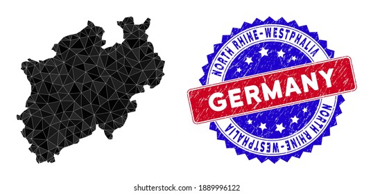 North Rhine-Westphalia Land map polygonal mesh with filled triangles, and distress bicolor stamp print. Triangle mosaic North Rhine-Westphalia Land map with mesh vector model,