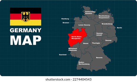 North Rhine-Westphalia Map, North Rhine-Westphalia red highlighted in Germany 🇩🇪 map, flat design illustration vector