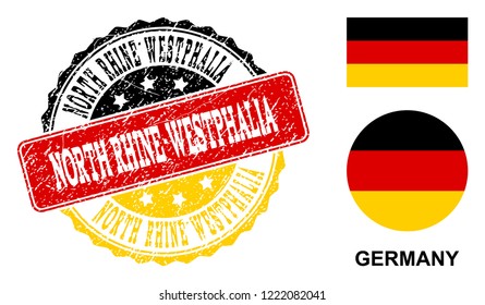 North Rhine-Westphalia stamp seal. Vector rubber watermark with official colors of Germany flag. Designed for North Rhine-Westphalia political purposes.