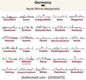 North Rhine-Westphalia (state (land) in Western Germany) cities outline skylines vector set