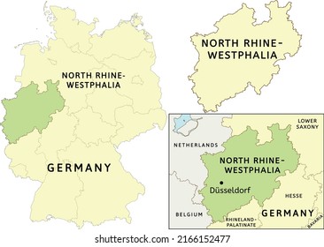 North Rhine-Westphalia state location on map of Germany. Capital city is Düsseldorf