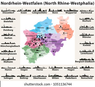 Mapa de Renania del Norte-Westfalia con las ciudades más grandes siluetas en el horizonte