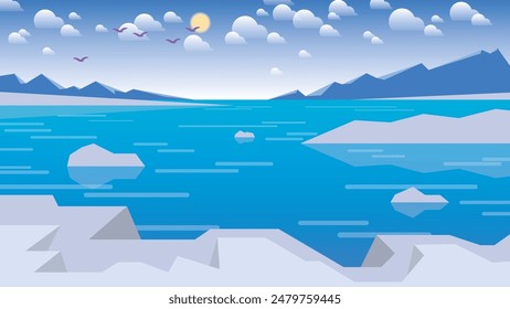 North sea flat landscape design. Floating ice floes against the background of icebergs, the sky with the sun, clouds, and flying birds. Vector.