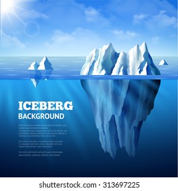 North sea poster with icebergs and sun on blue sky background vector illustration