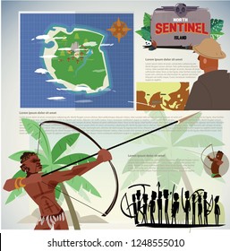 north sentinel island, missing island. Sentinelese with archer in action, indigenous people- vector illustration