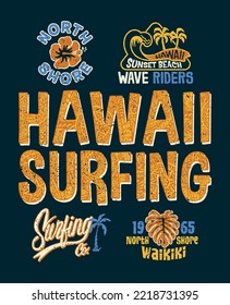 North shore Hawaii Kids surfing company cartoon artwork for summer shirt children wear with cute patch labels
