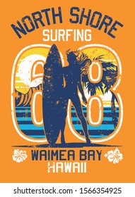 North shore Hawaii surfing girl vintage vector artwork for girl t shirt grunge effect in separate layer