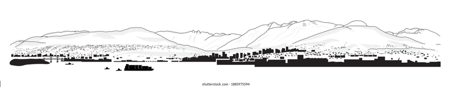 North shore mountains, drawing. Panorama illustration of mountains, peaks and ocean in Vancouver BC, Canada. View of lions gate bridge, harbor, industry, North and West Vancouver. Tourist information.