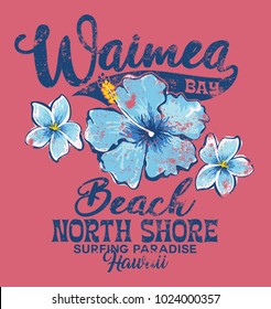 North Shore Waimea bay surfing paradise, vector print for girl summer shirt grunge effect in separate layer