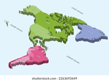 North and South America 3d (isometric) map on light blue background